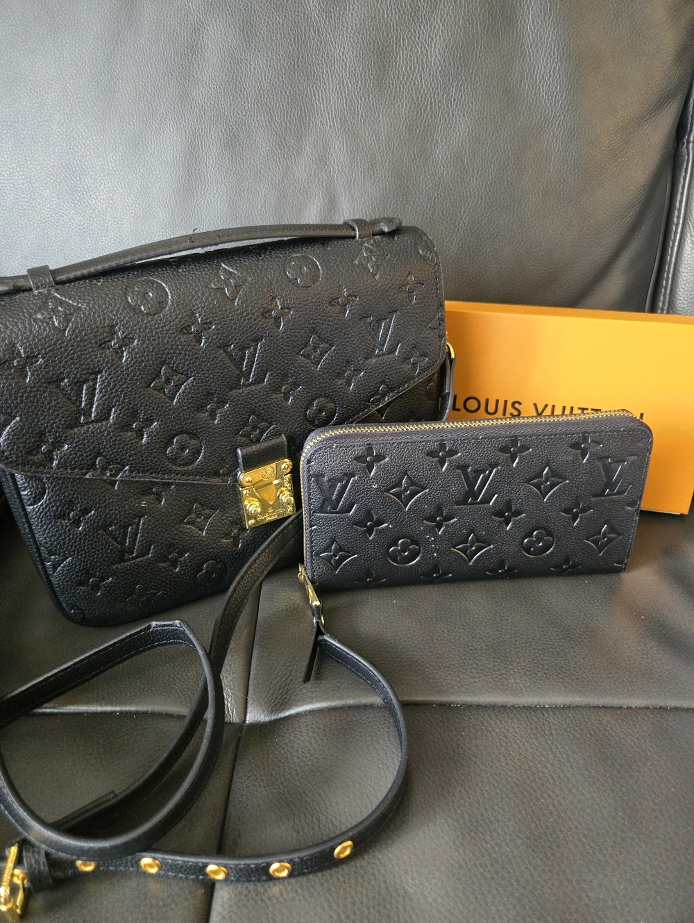 Black Monogram Empreinte Leather Like Pushlock Crossbody & Wallet Set (2 piece)
